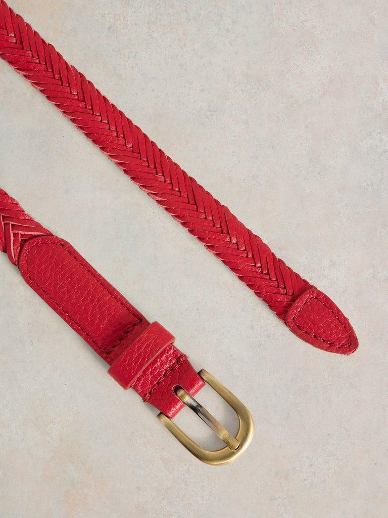 Plaited Leather Skinny Belt in MID RED - FLAT DETAIL