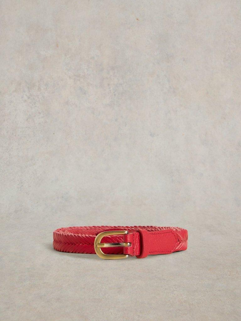 Plaited Leather Skinny Belt in MID RED - FLAT FRONT