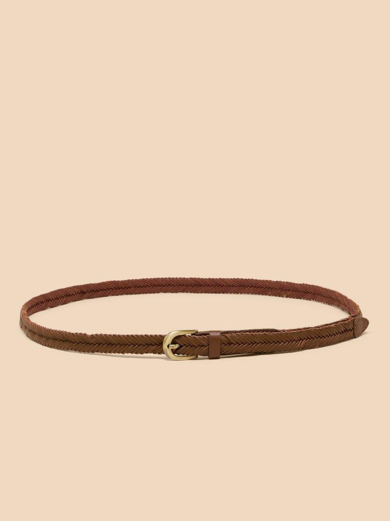 Plaited Leather Skinny Belt in MID TAN - FLAT BACK