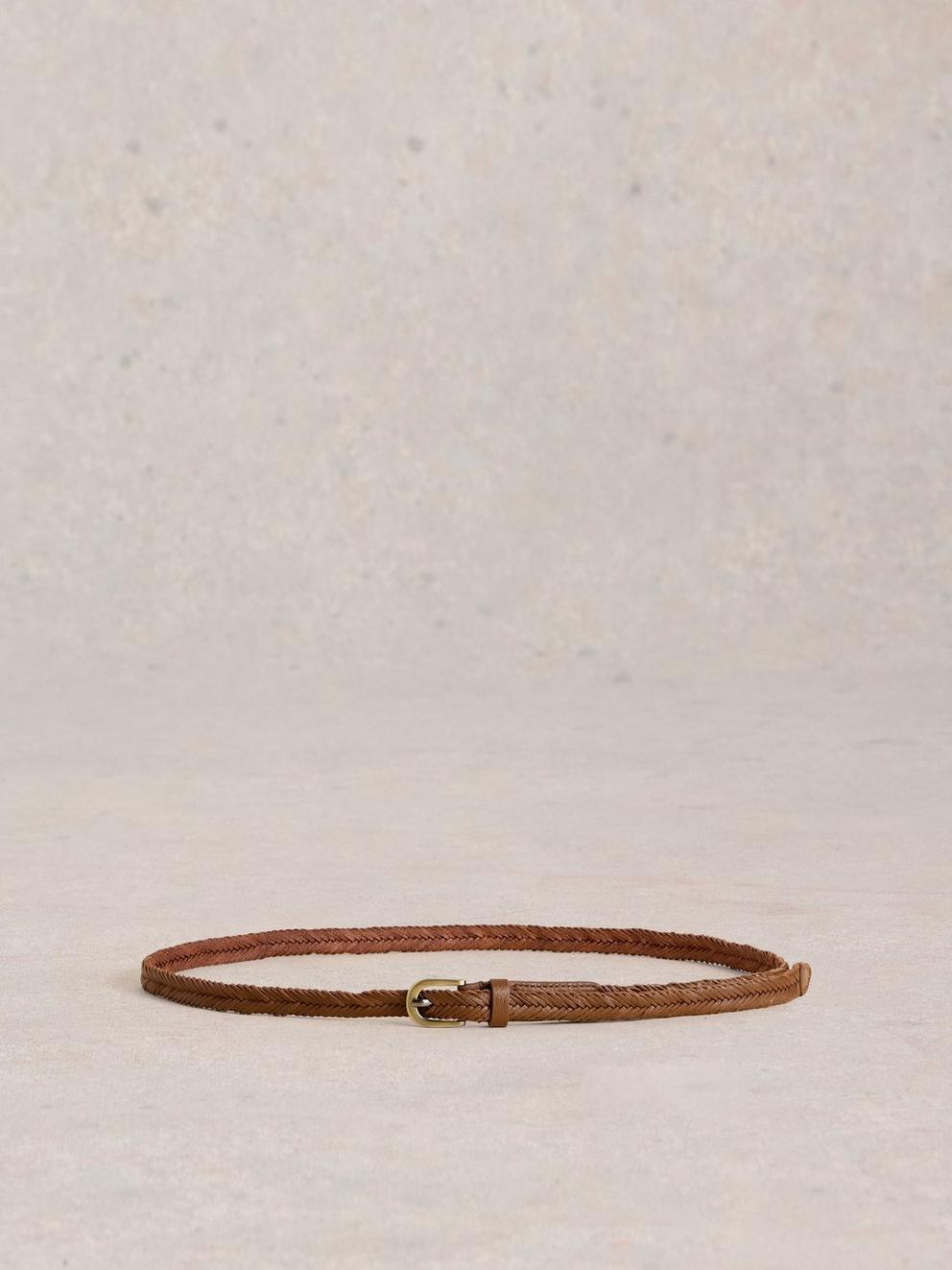 Plaited Leather Skinny Belt in MID TAN - FLAT BACK