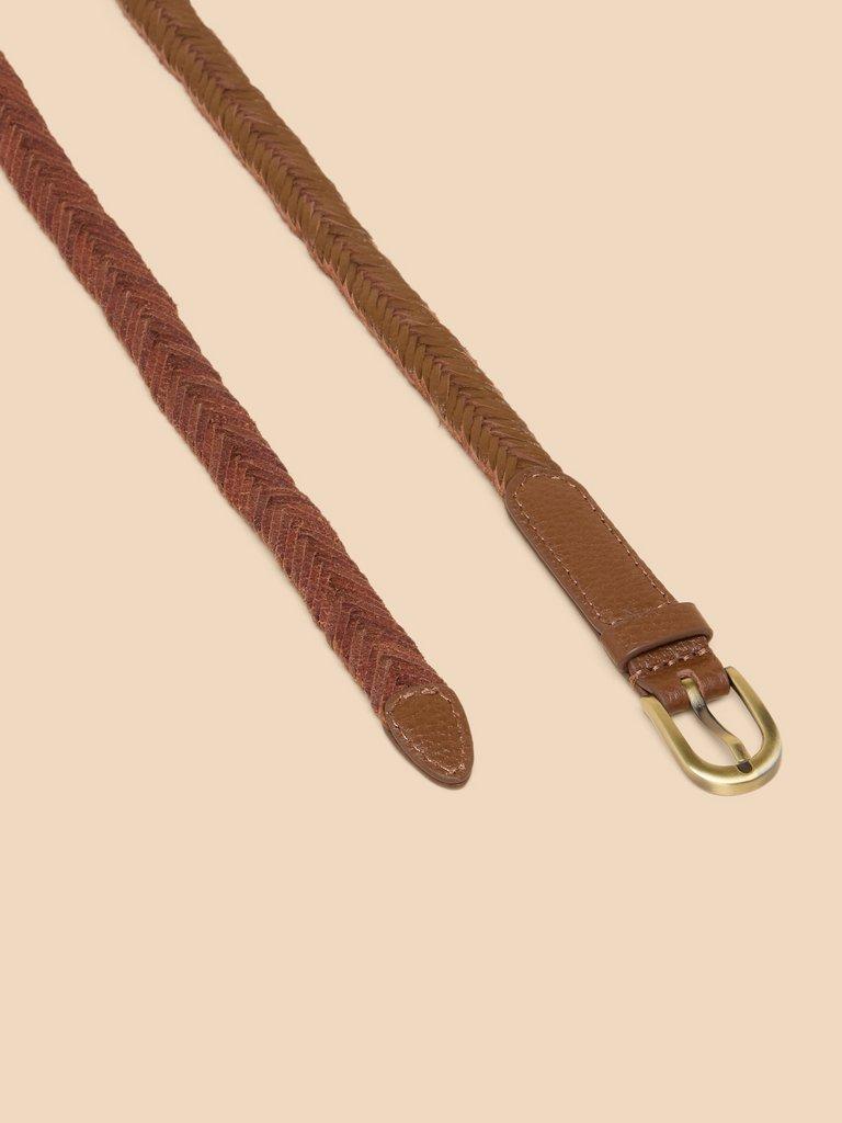 Plaited Leather Skinny Belt in MID TAN - FLAT DETAIL