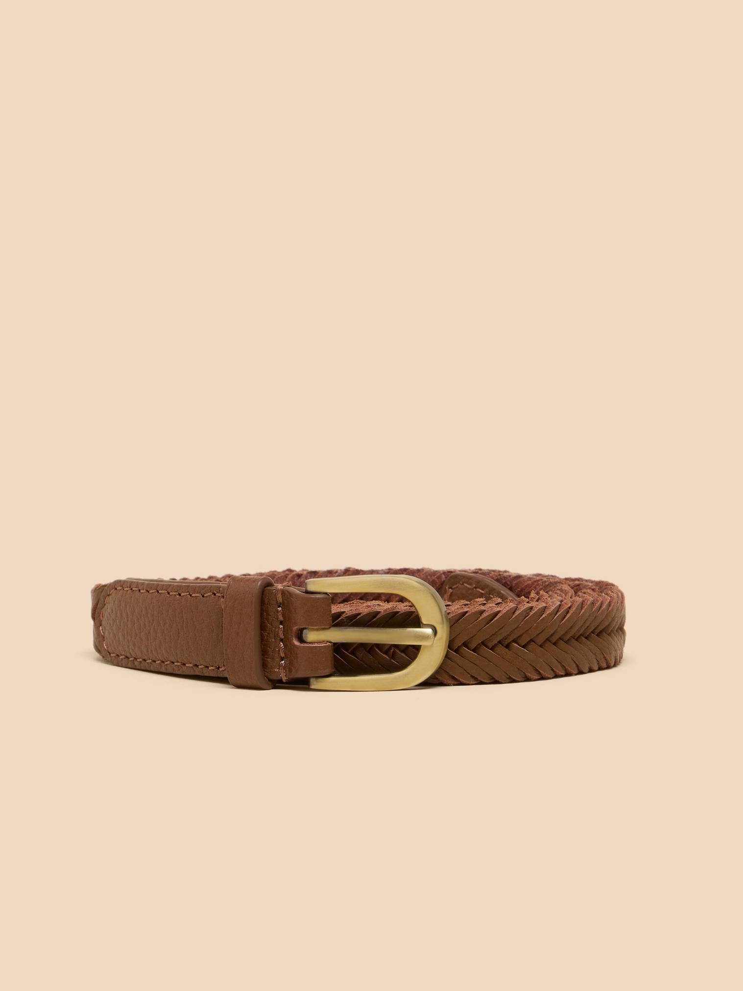Plaited Leather Skinny Belt in MID TAN - FLAT FRONT
