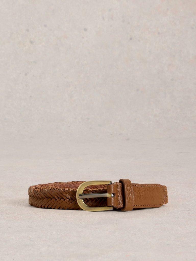 Plaited Leather Skinny Belt in MID TAN - FLAT FRONT