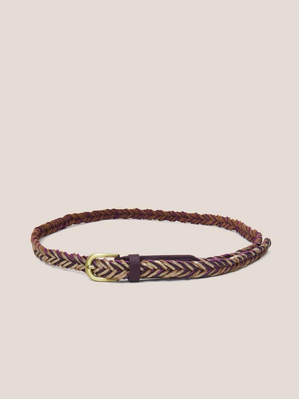 Plaited Leather Skinny Belt in PLUM MLT - FLAT BACK