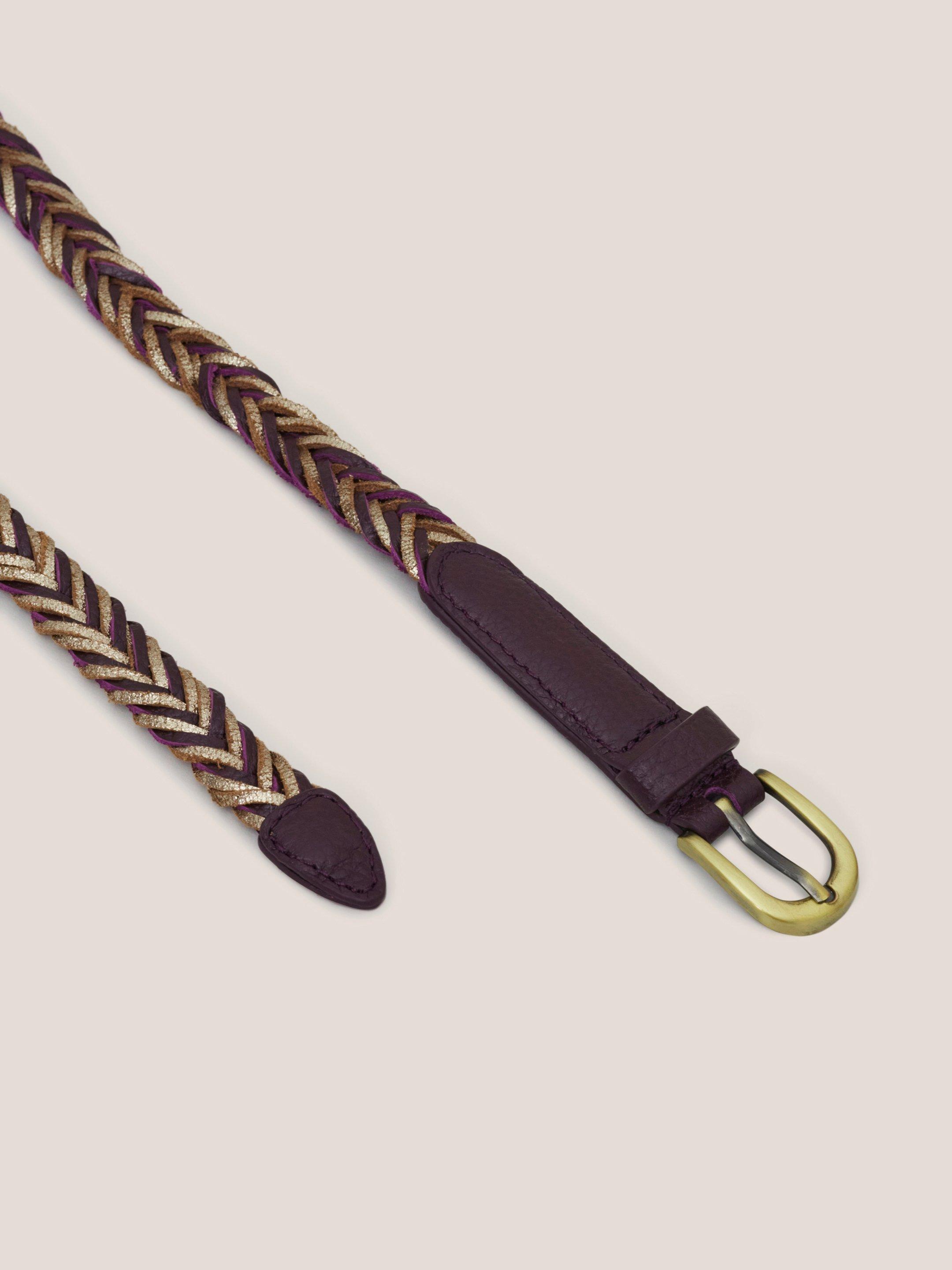 Plaited Leather Skinny Belt in PLUM MLT - FLAT DETAIL