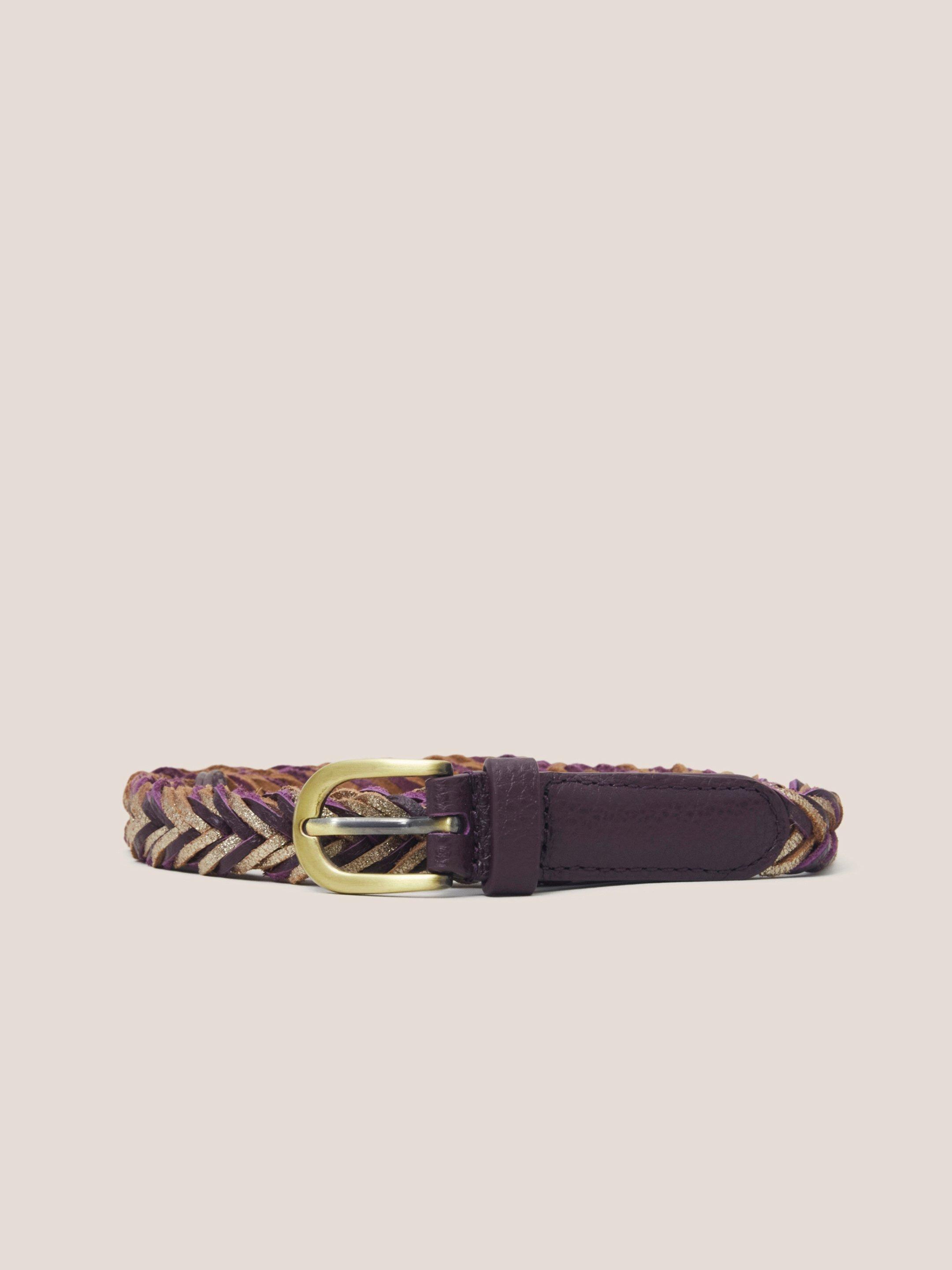 Plaited Leather Skinny Belt in PLUM MLT - FLAT FRONT