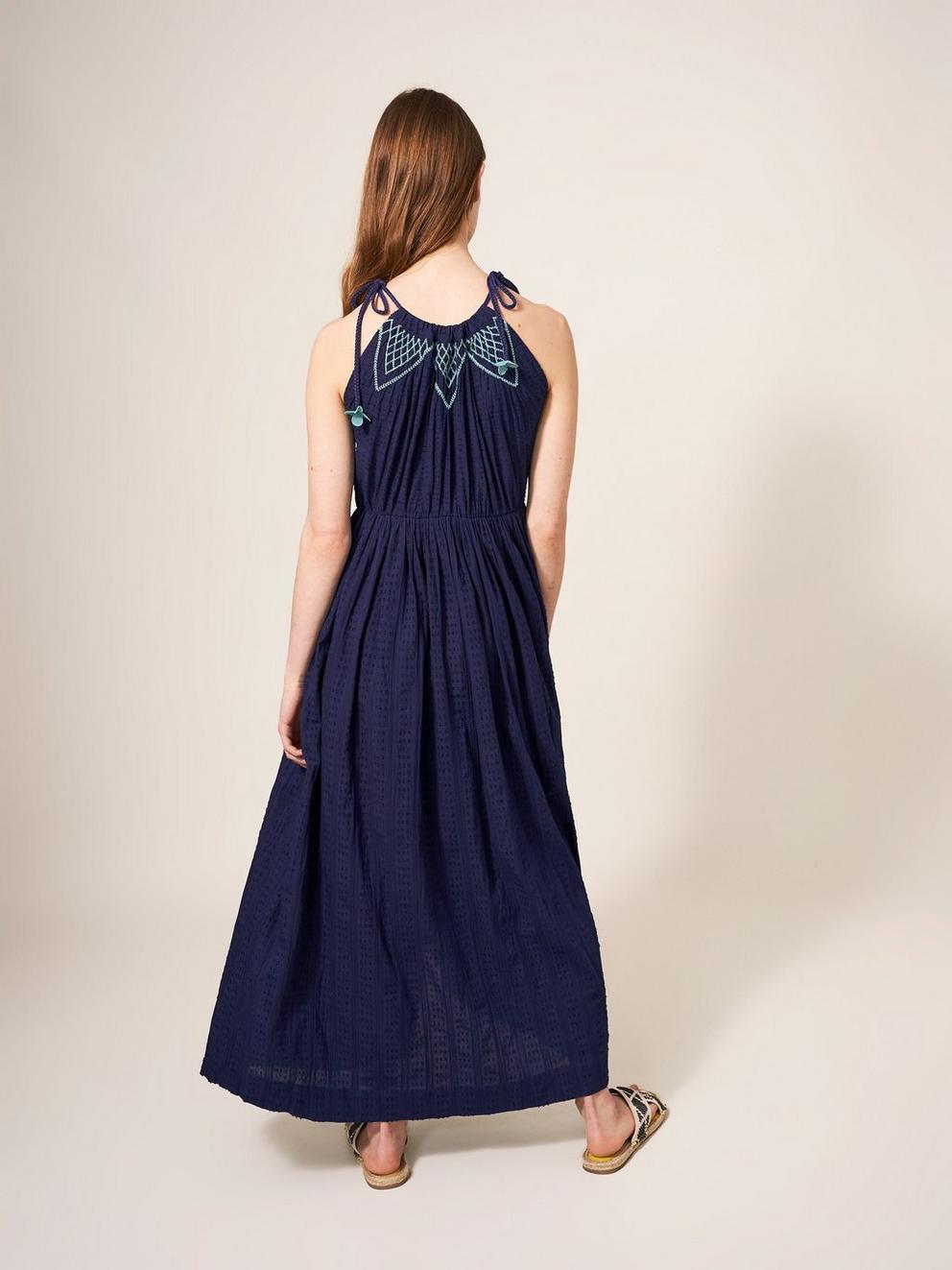 Lulee Cotton Maxi Dress in NAVY MULTI - MODEL BACK