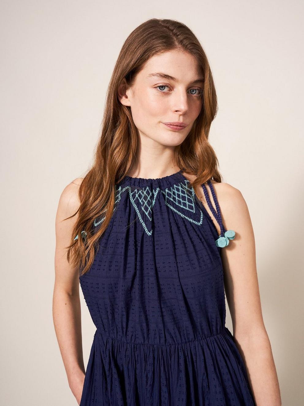 Lulee Cotton Maxi Dress in NAVY MULTI - MODEL DETAIL