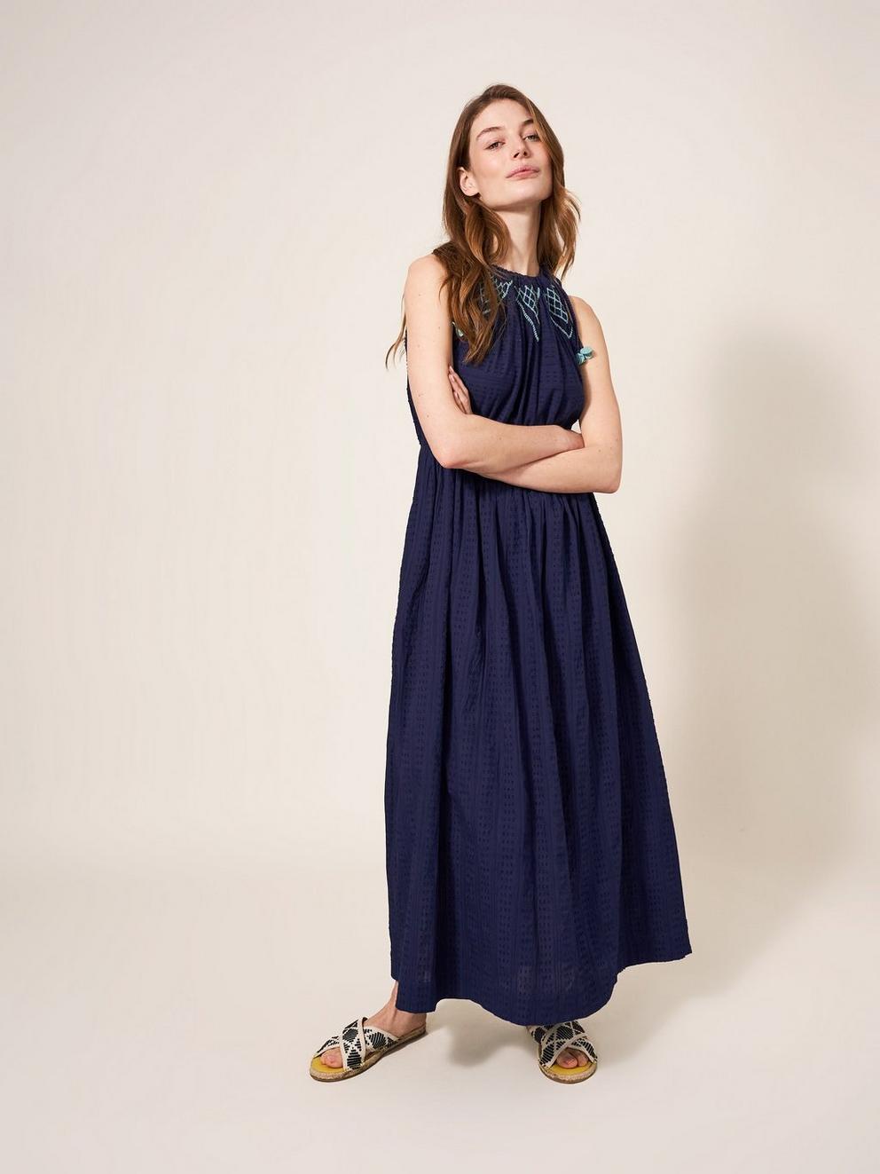 Lulee Cotton Maxi Dress in NAVY MULTI - MODEL FRONT
