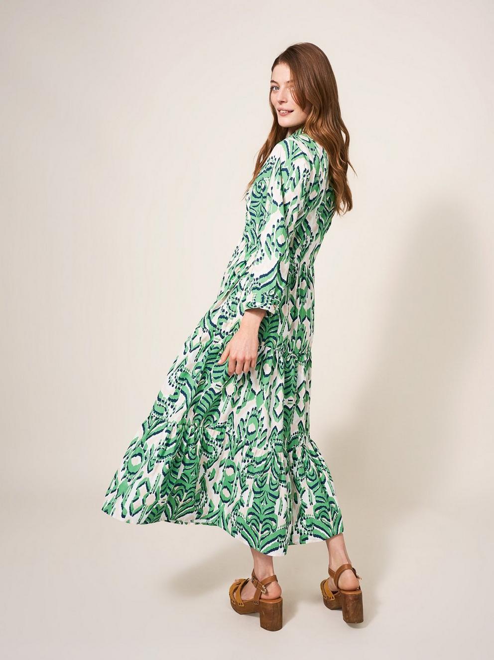 Mayra Tiered Dress in GREEN MLT - MODEL BACK