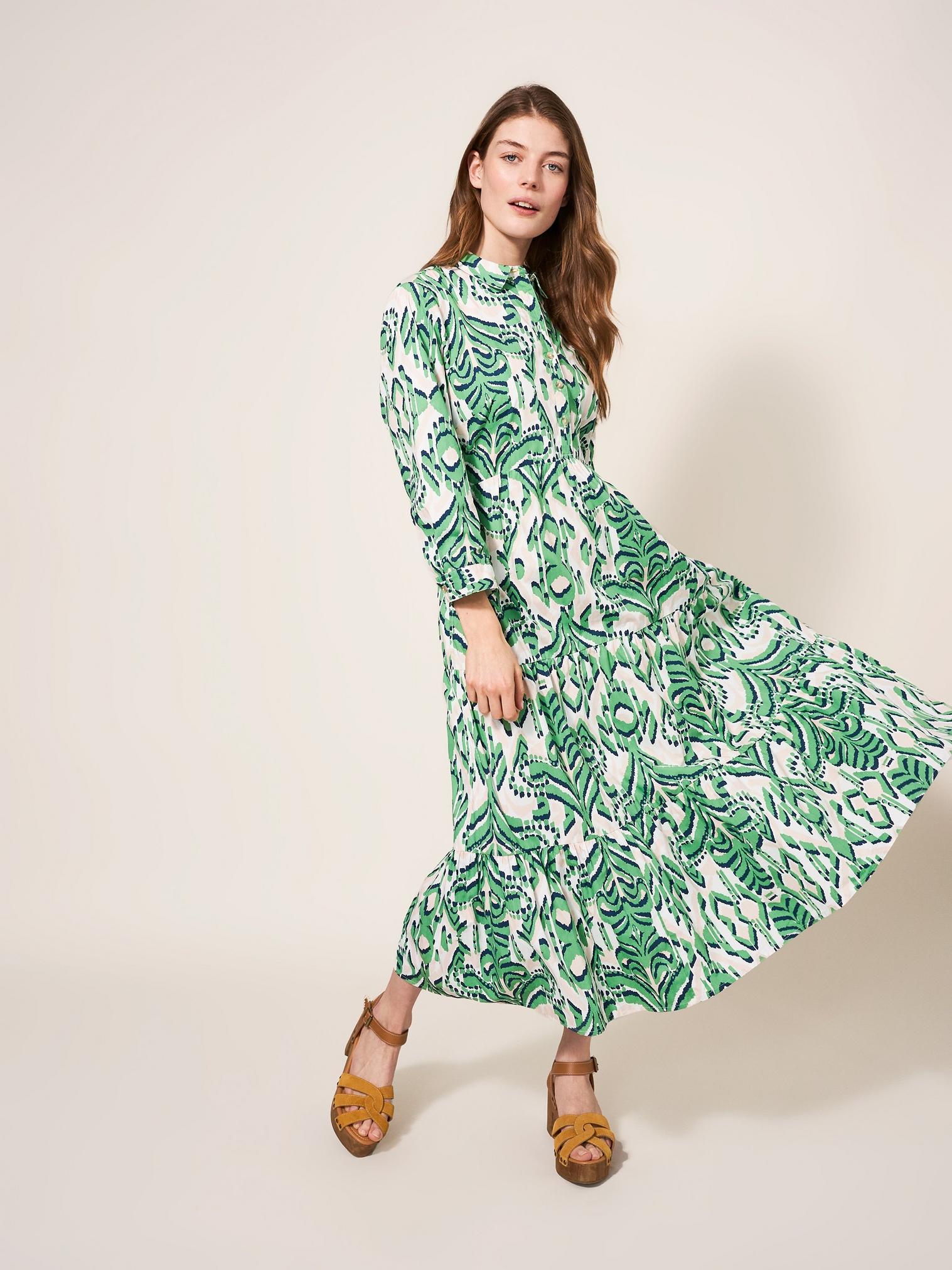 Mayra Tiered Shirt Dress in GREEN MULTI