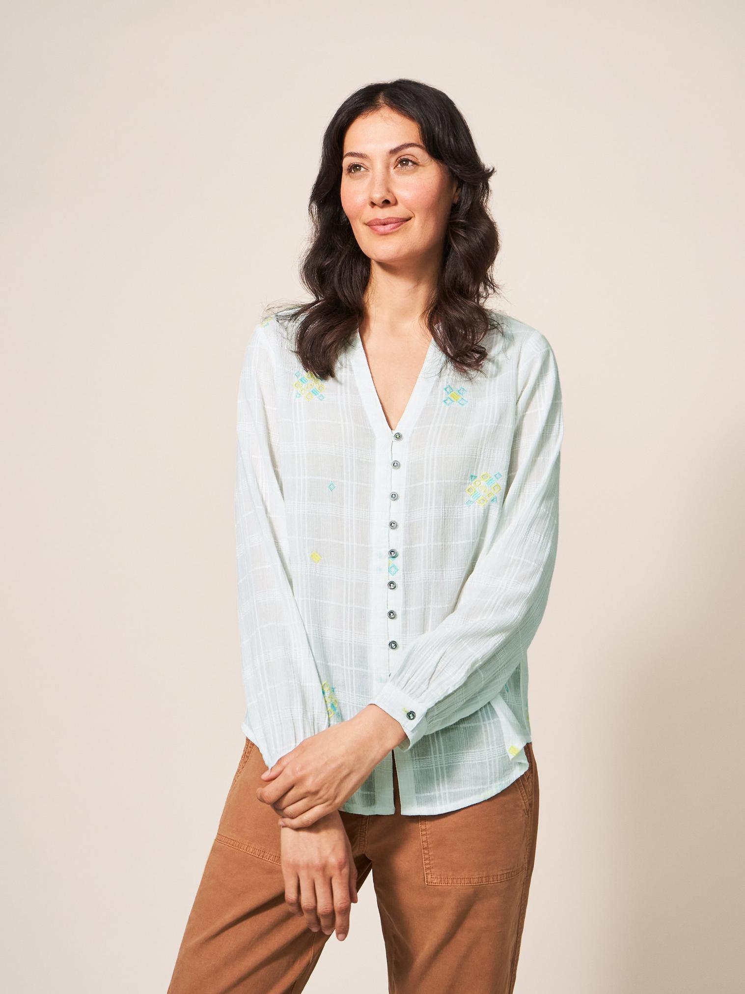 Kate Embroidered Cotton Shirt in PALE IVORY - LIFESTYLE