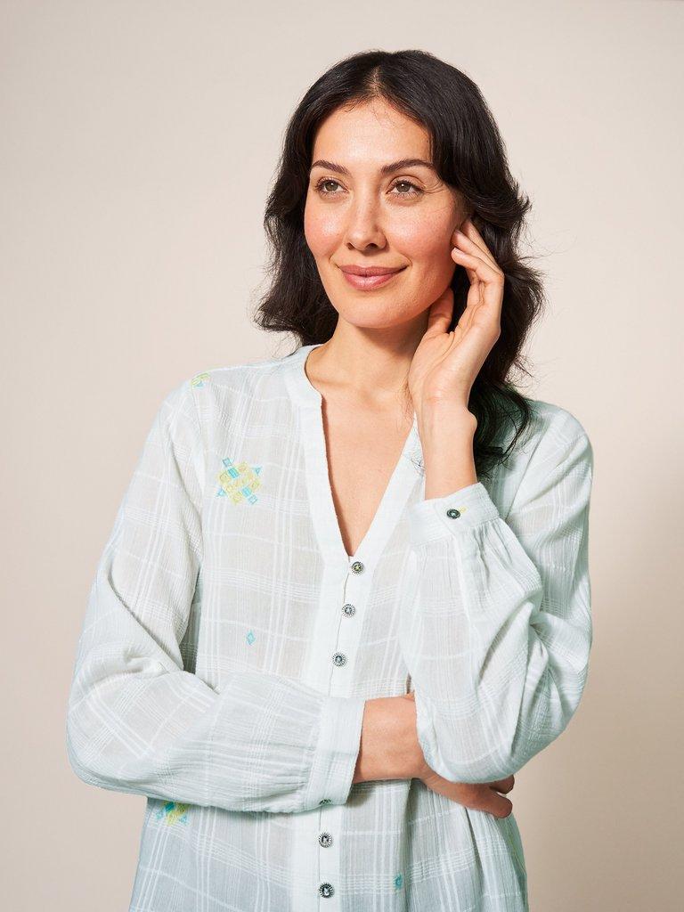 Kate Embroidered Cotton Shirt in PALE IVORY - MODEL DETAIL