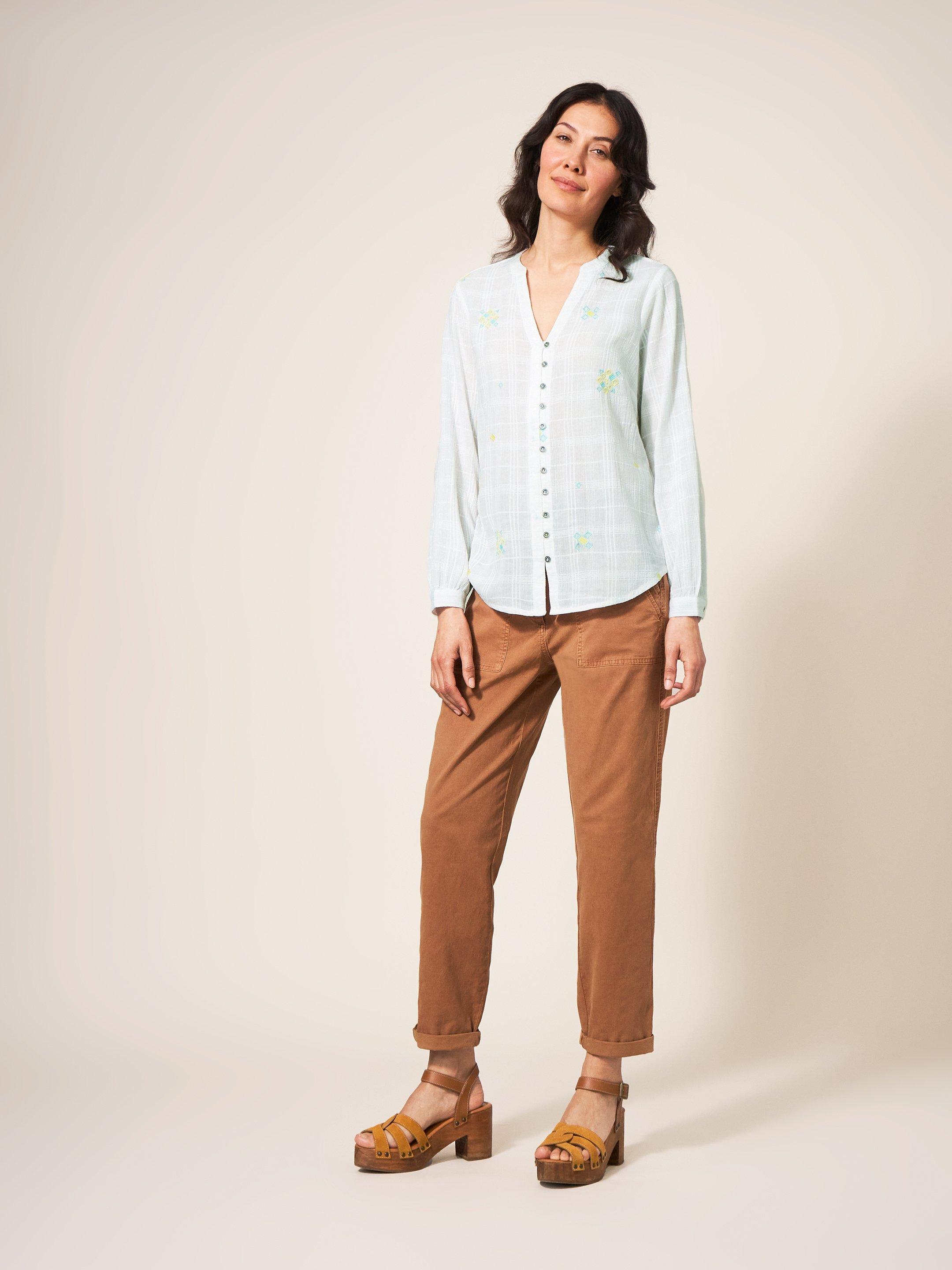 Kate Embroidered Cotton Shirt in PALE IVORY - MODEL FRONT