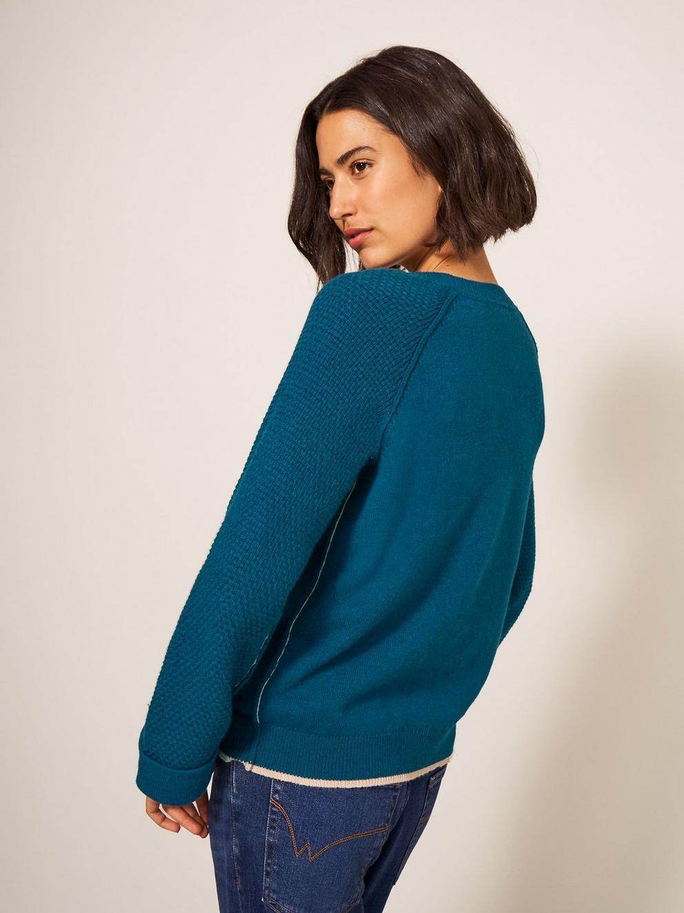 TYNE CREW NECK JUMPER in DK TEAL - MODEL BACK