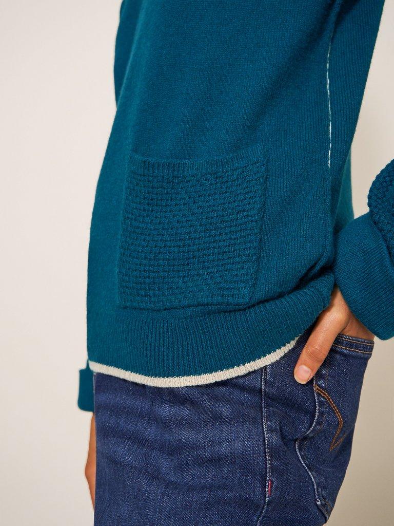 TYNE CREW NECK JUMPER in DK TEAL - MODEL FRONT