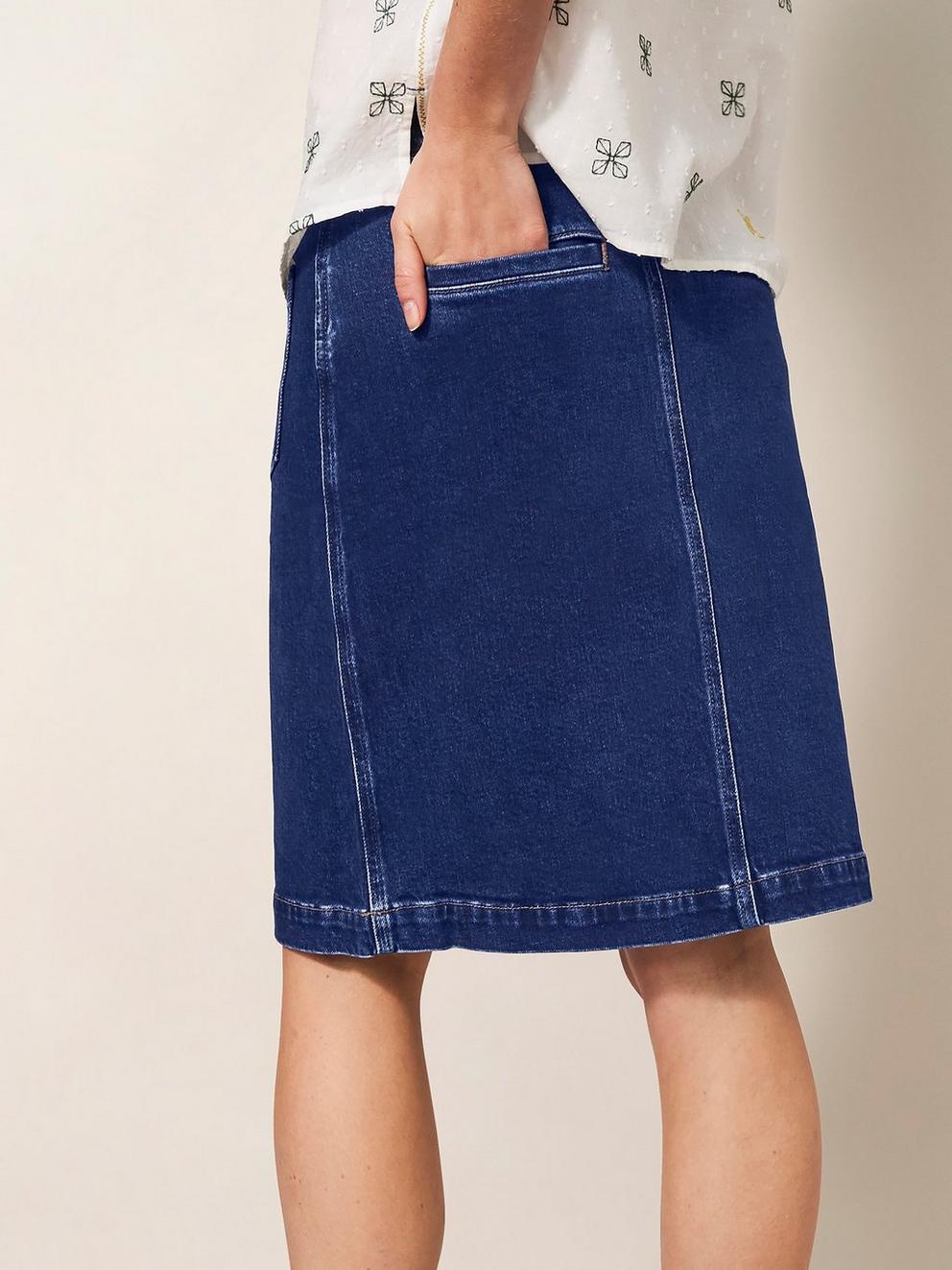 Melody Denim Skirt in DK DENIM - MODEL BACK