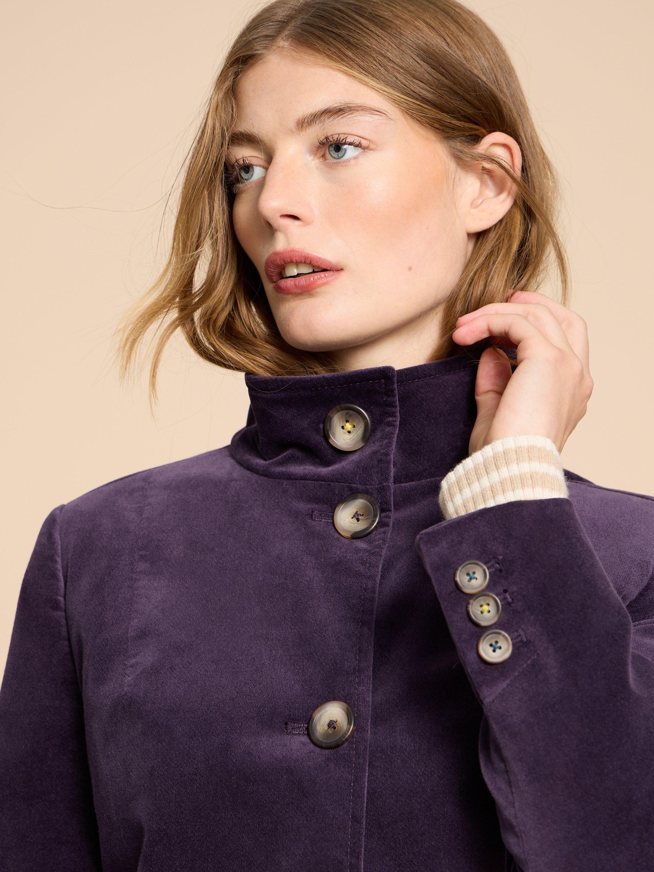 Karla Velvet Peacoat in DK PURPLE - MODEL DETAIL