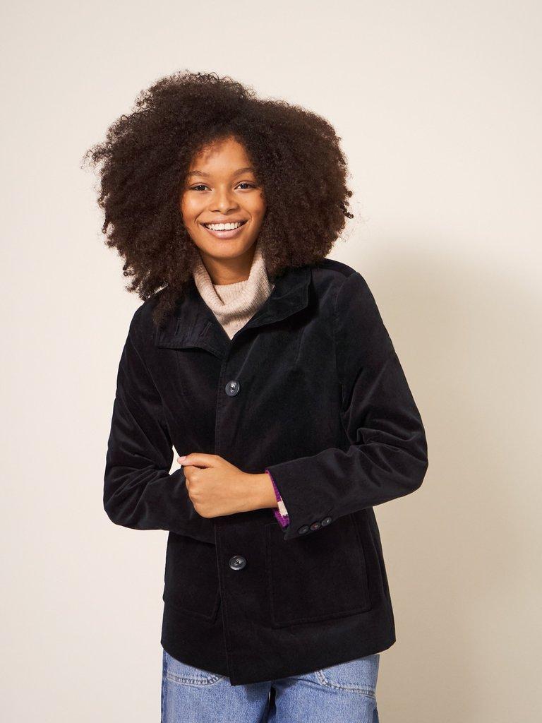 Karla Velvet Peacoat in PURE BLK - MODEL FRONT