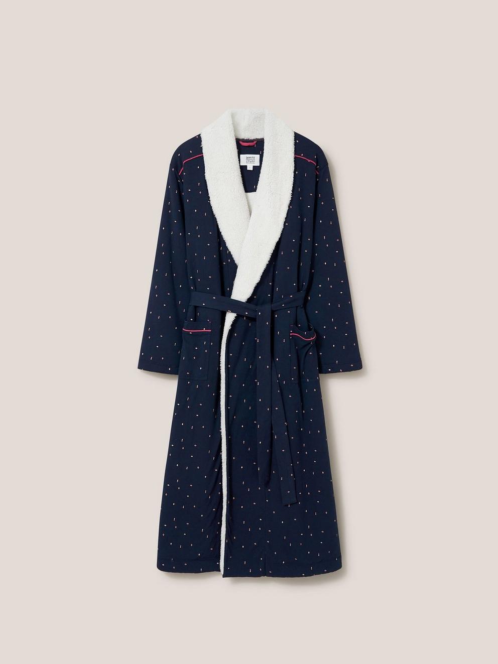 AVA LINED LONG SLEEVE DRESSING GOWN in NAVY MULTI - FLAT FRONT