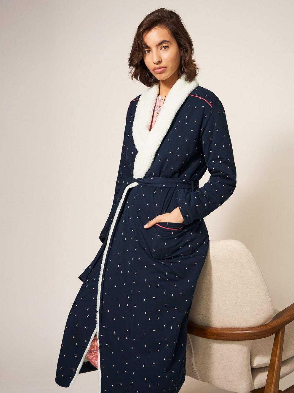 AVA LINED LONG SLEEVE DRESSING GOWN in NAVY MULTI - LIFESTYLE