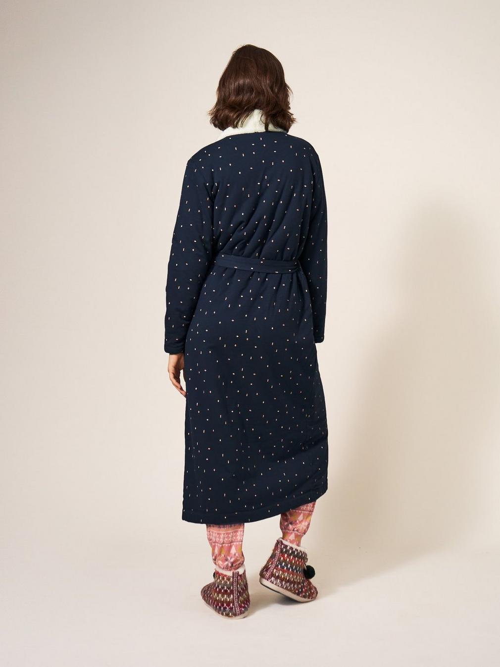 AVA LINED DRESSING GOWN in NAVY MULTI - MODEL BACK