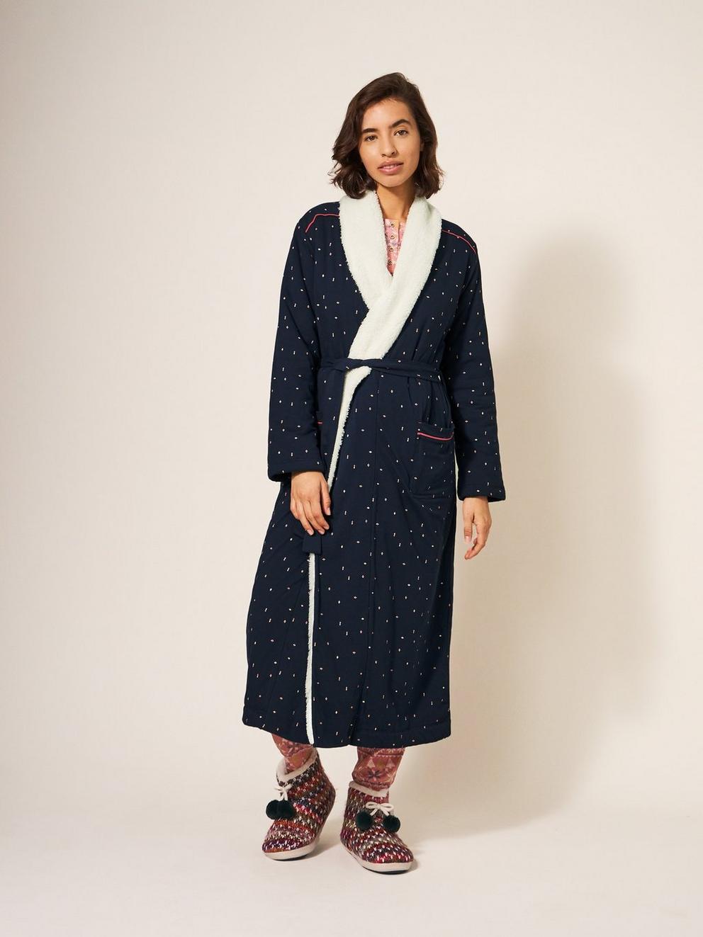 AVA LINED LONG SLEEVE DRESSING GOWN in NAVY MULTI - MODEL DETAIL