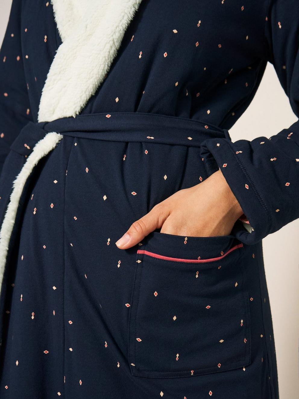 AVA LINED LONG SLEEVE DRESSING GOWN in NAVY MULTI - MODEL FRONT