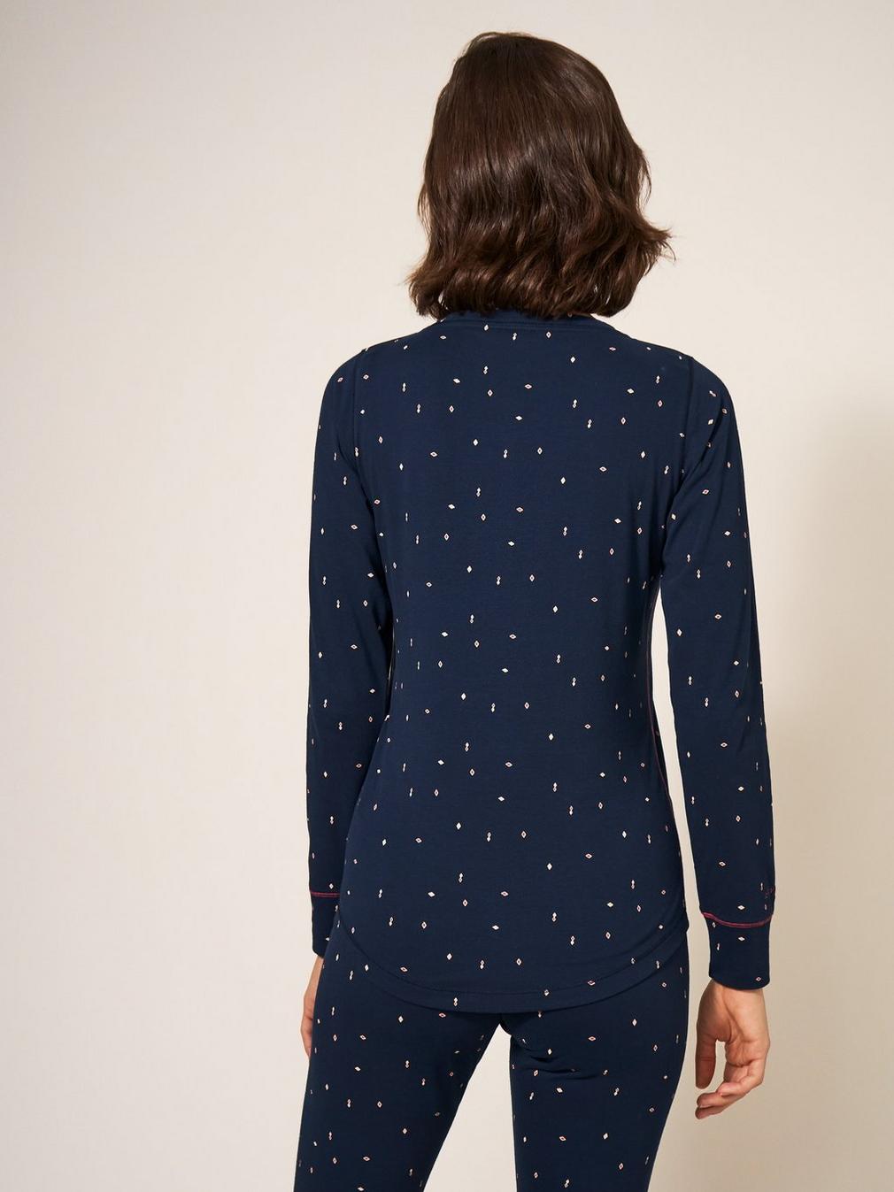 Geo Printed Henley PJ Top in NAVY MULTI - MODEL BACK