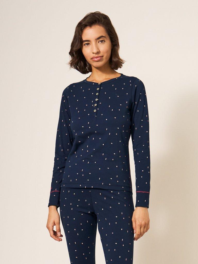 Geo Printed Henley PJ Top in NAVY MULTI - MODEL DETAIL