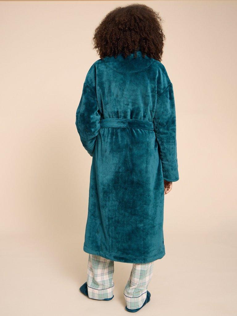 Clover Cosy Dressing Gown in DK TEAL - MODEL BACK