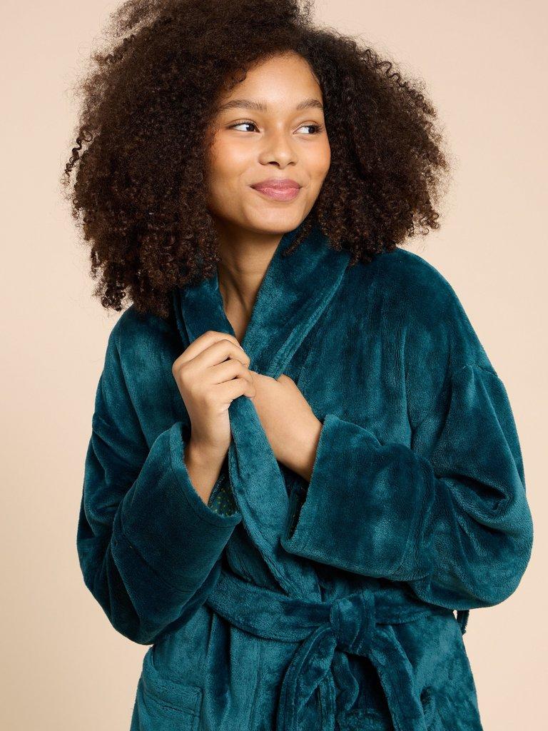 Clover Cosy Dressing Gown in DK TEAL - MODEL DETAIL
