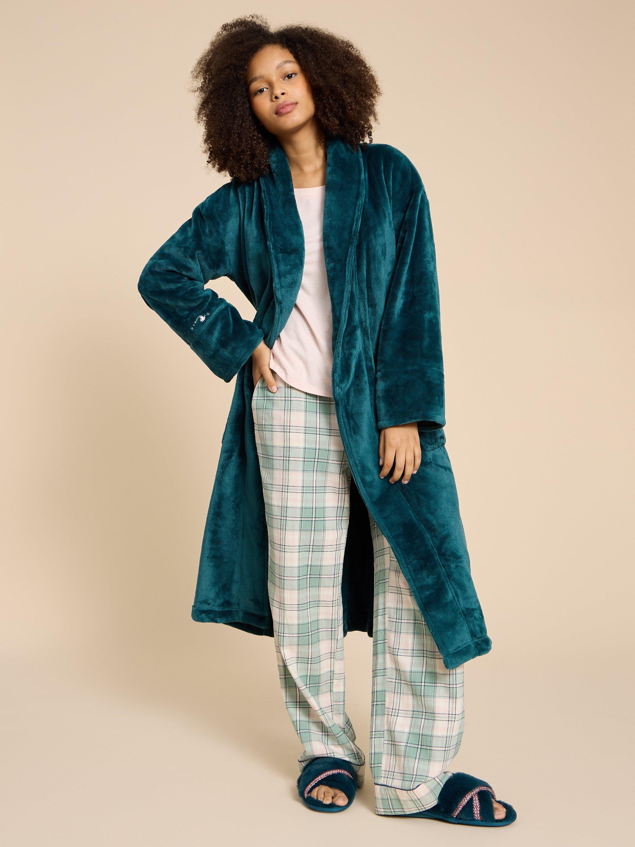 Clover Cosy Dressing Gown in DK TEAL - MODEL FRONT