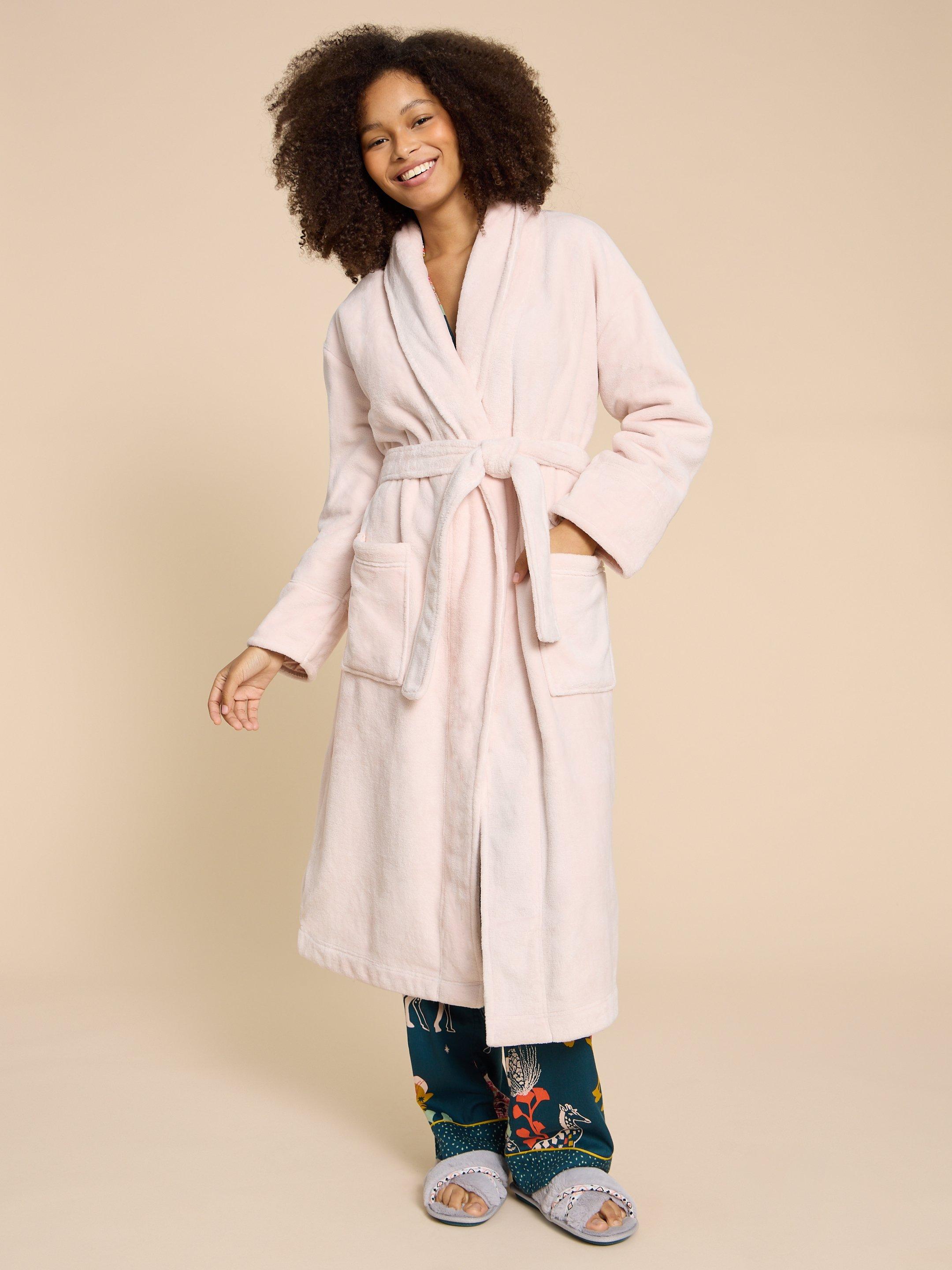 Clover Cosy Dressing Gown in LGT PINK - MODEL FRONT