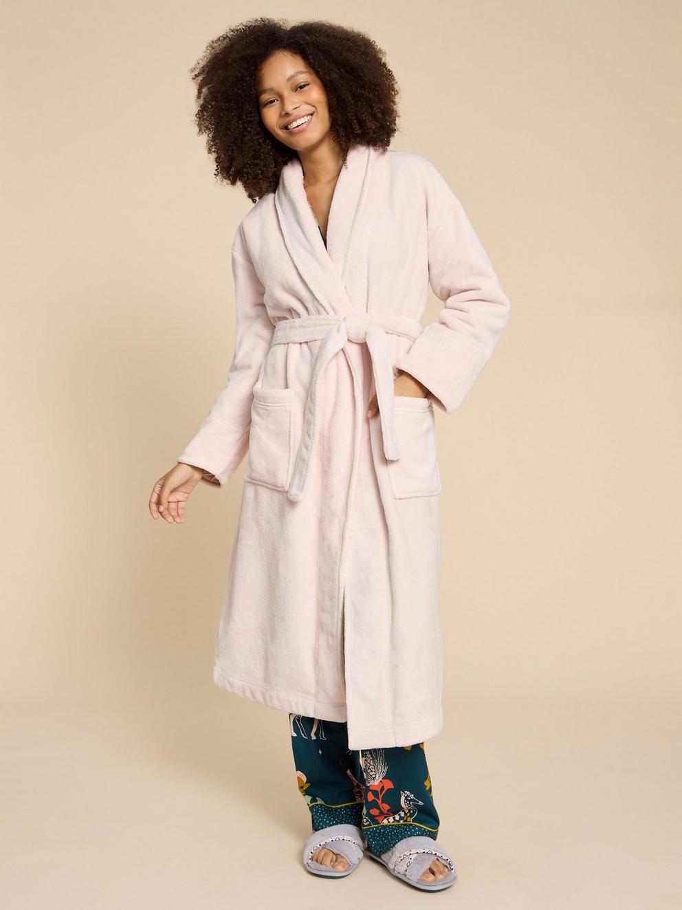 Clover Long Sleeve Dressing Gown in LGT PINK - MODEL FRONT