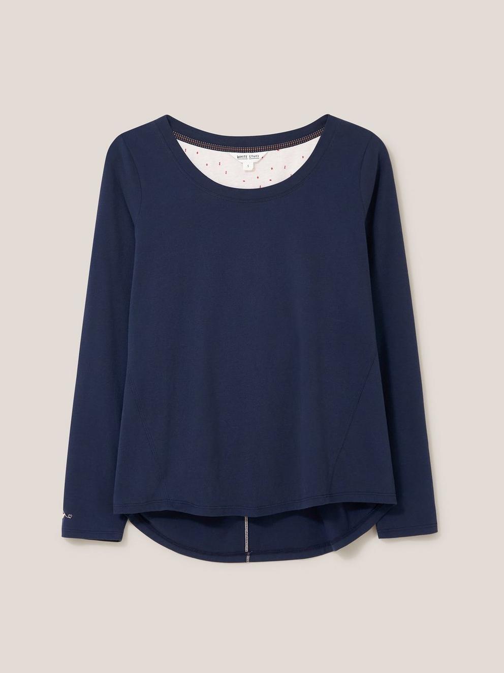 Eva Jersey Long Sleeve PJ Top in DARK NAVY - FLAT FRONT