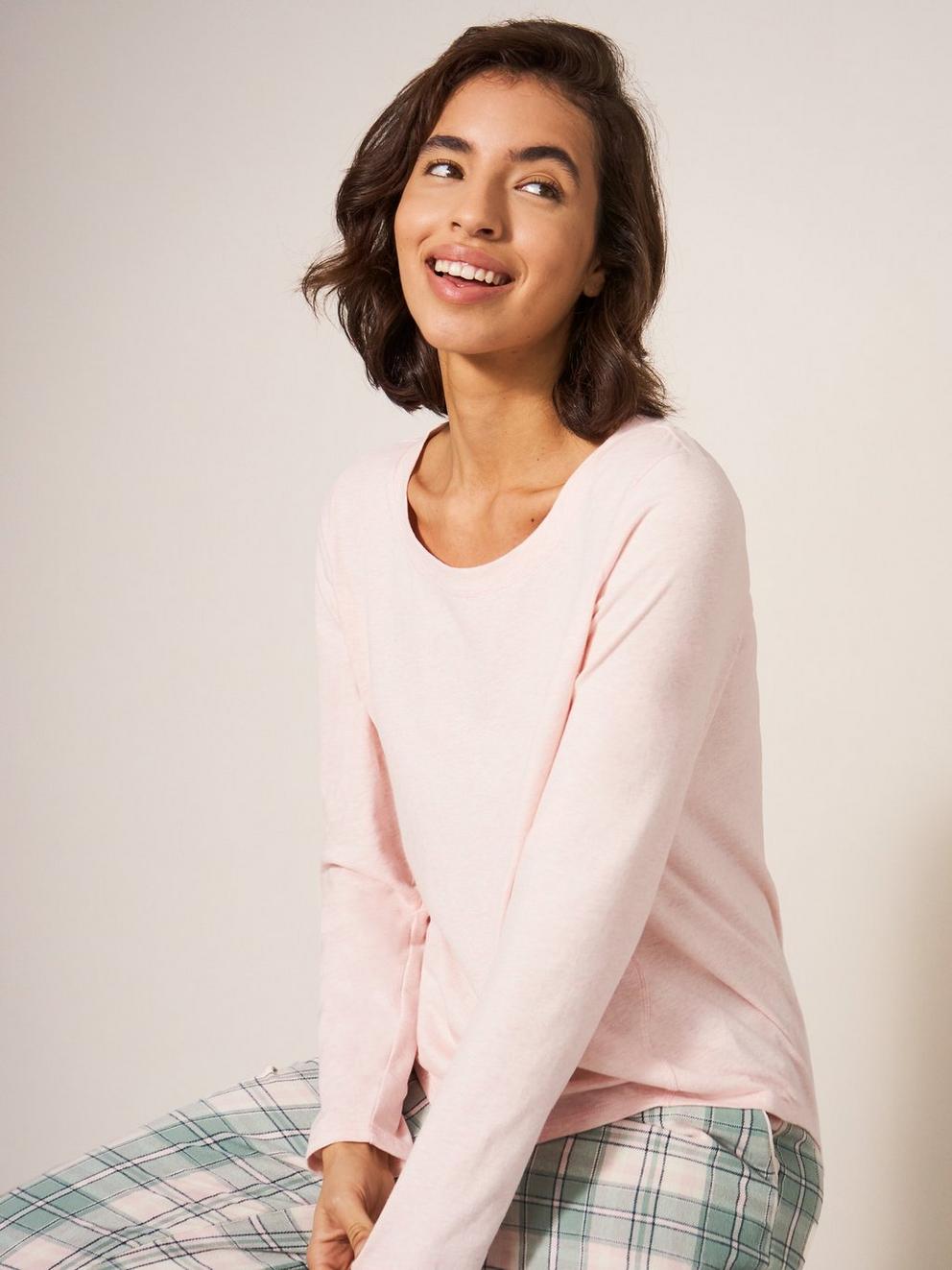 Eva Jersey Long Sleeve PJ Top in LGT PINK - MODEL FRONT