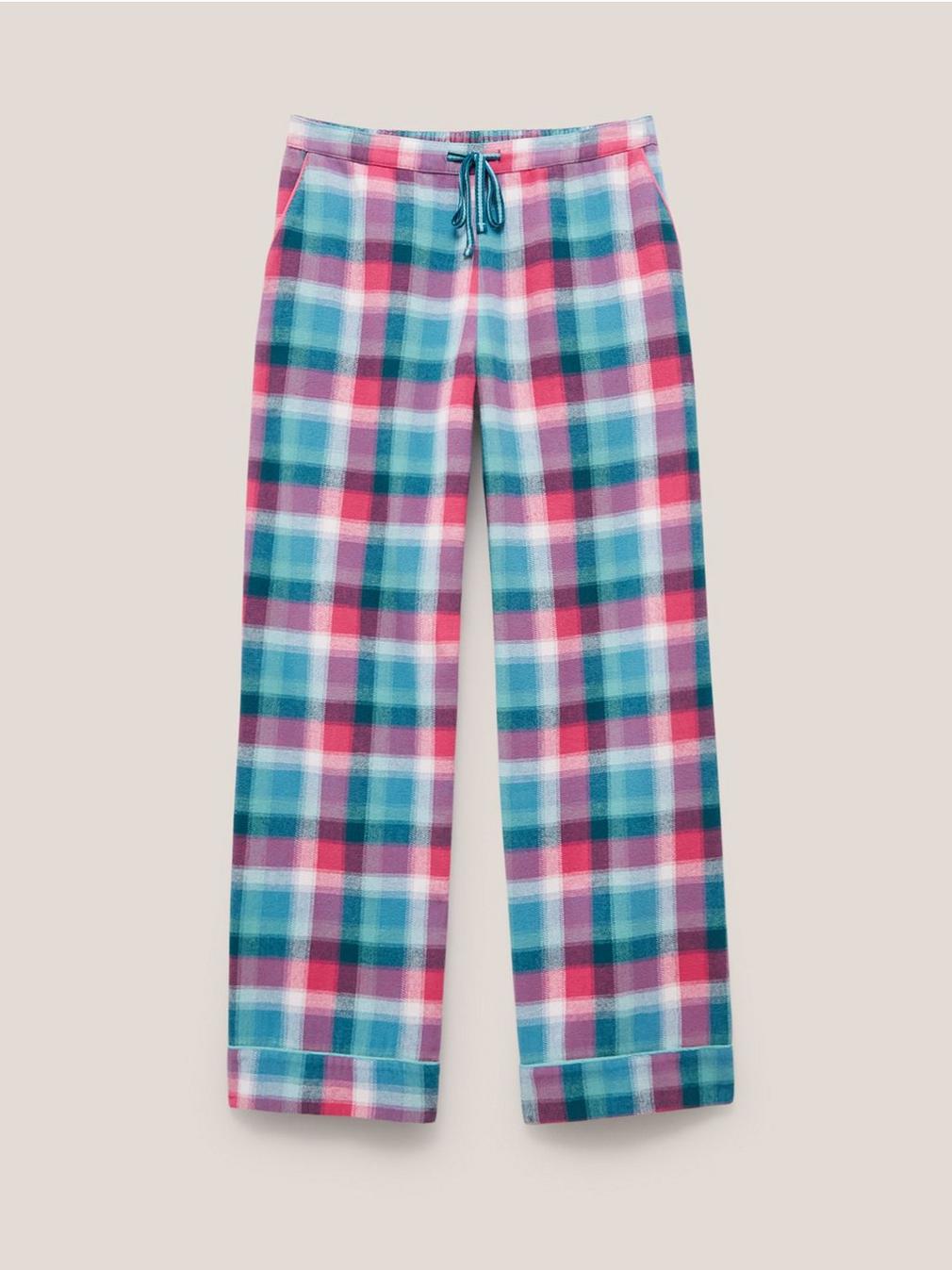 Nina Organic Check PJ Bottom in TEAL MLT - FLAT FRONT