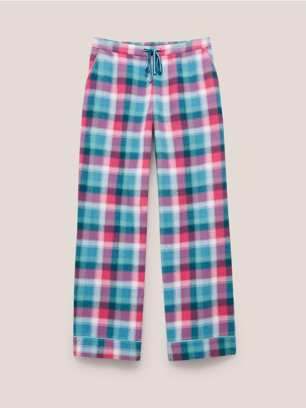 Nina Organic Check PJ Bottoms in TEAL MLT - FLAT FRONT