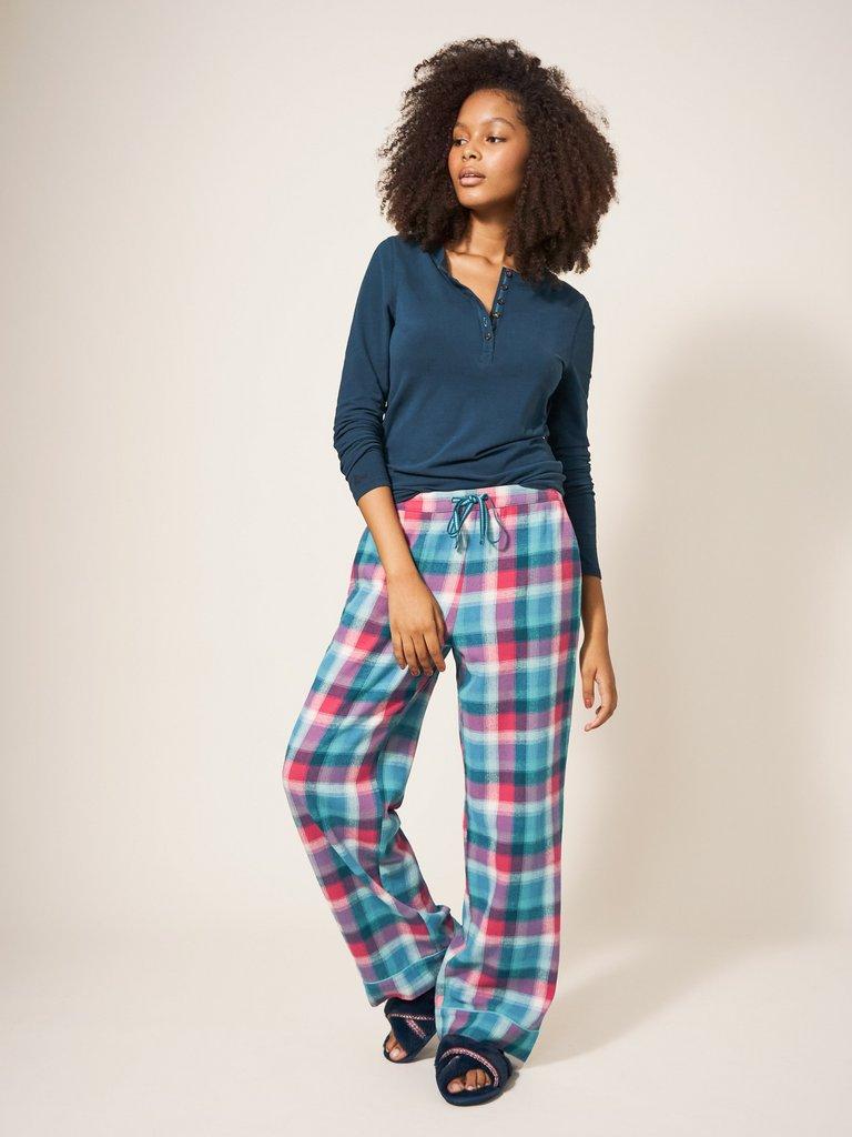 Nina Organic Check PJ Bottoms in TEAL MULTI White Stuff