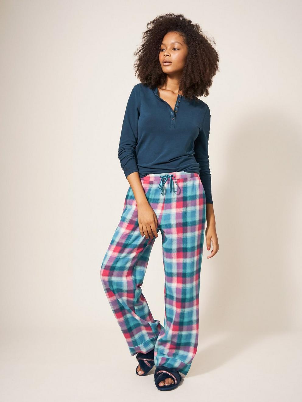 Nina Organic Check PJ Bottoms in TEAL MLT - LIFESTYLE