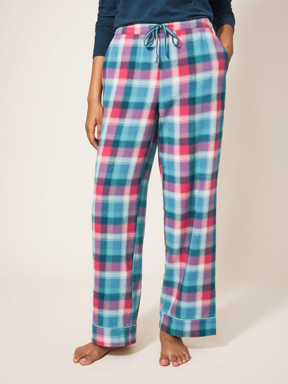 Nina Organic Check PJ Bottoms in TEAL MLT - MODEL FRONT