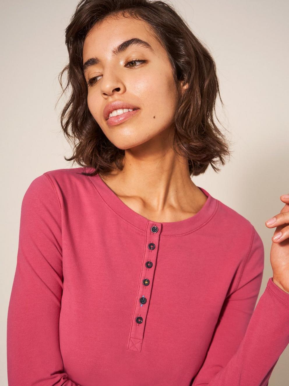 Hailey Henley PJ Top in DEEP PINK - MODEL DETAIL