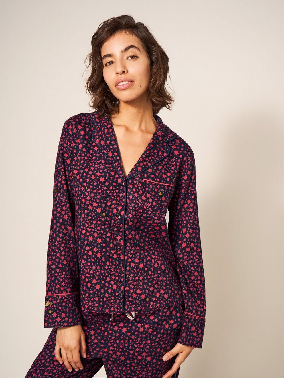 Nina Organic Long Sleeve PJ Shirt in NAVY MULTI - LIFESTYLE