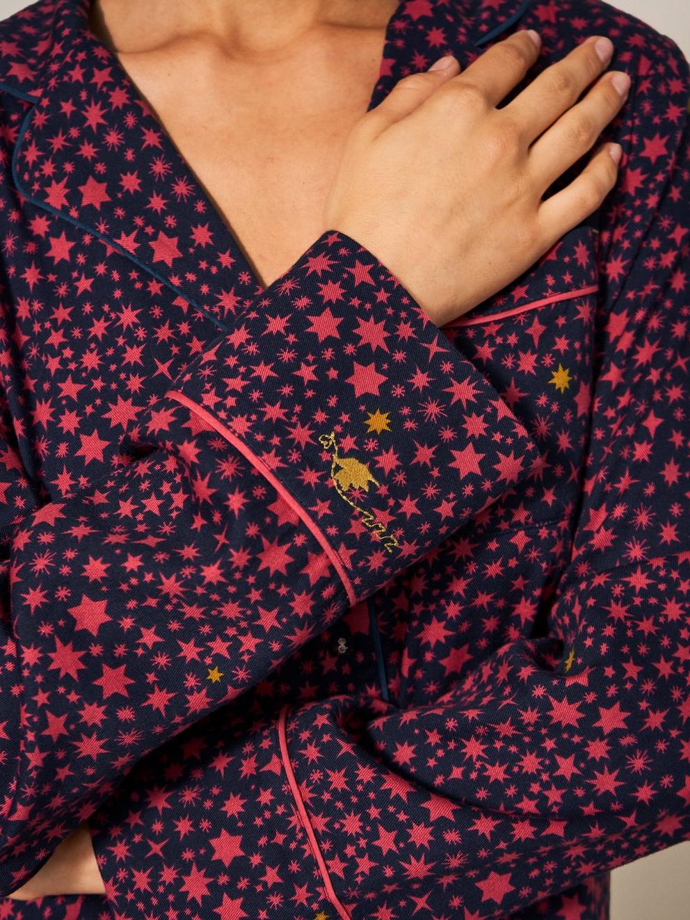 Nina Organic Long Sleeve PJ Shirt in NAVY MULTI - MODEL DETAIL