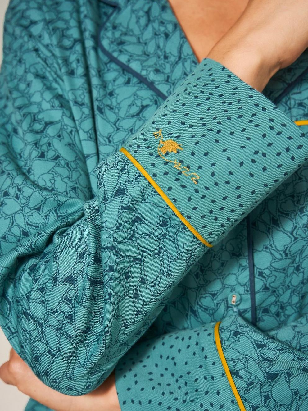 Nina Organic Long Sleeve PJ Shirt in TEAL MLT - MODEL DETAIL