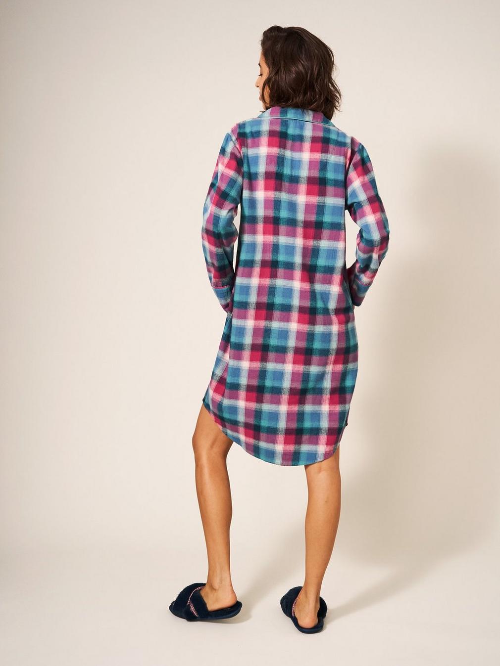 Nina Organic Check Nightie in TEAL MLT - MODEL BACK