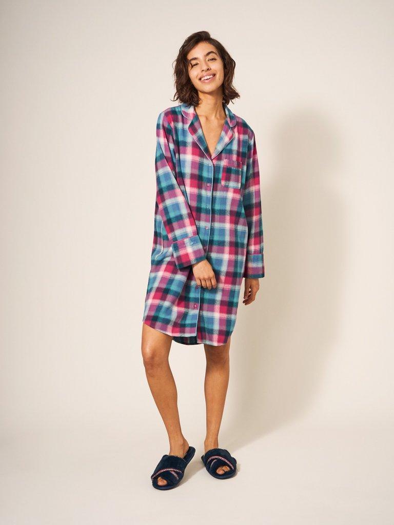 Nina Organic Check Nightie in TEAL MLT - MODEL DETAIL