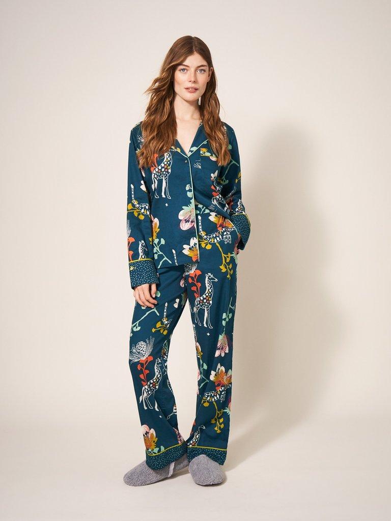 Nina Organic PJ Bottom in TEAL PRINT White Stuff