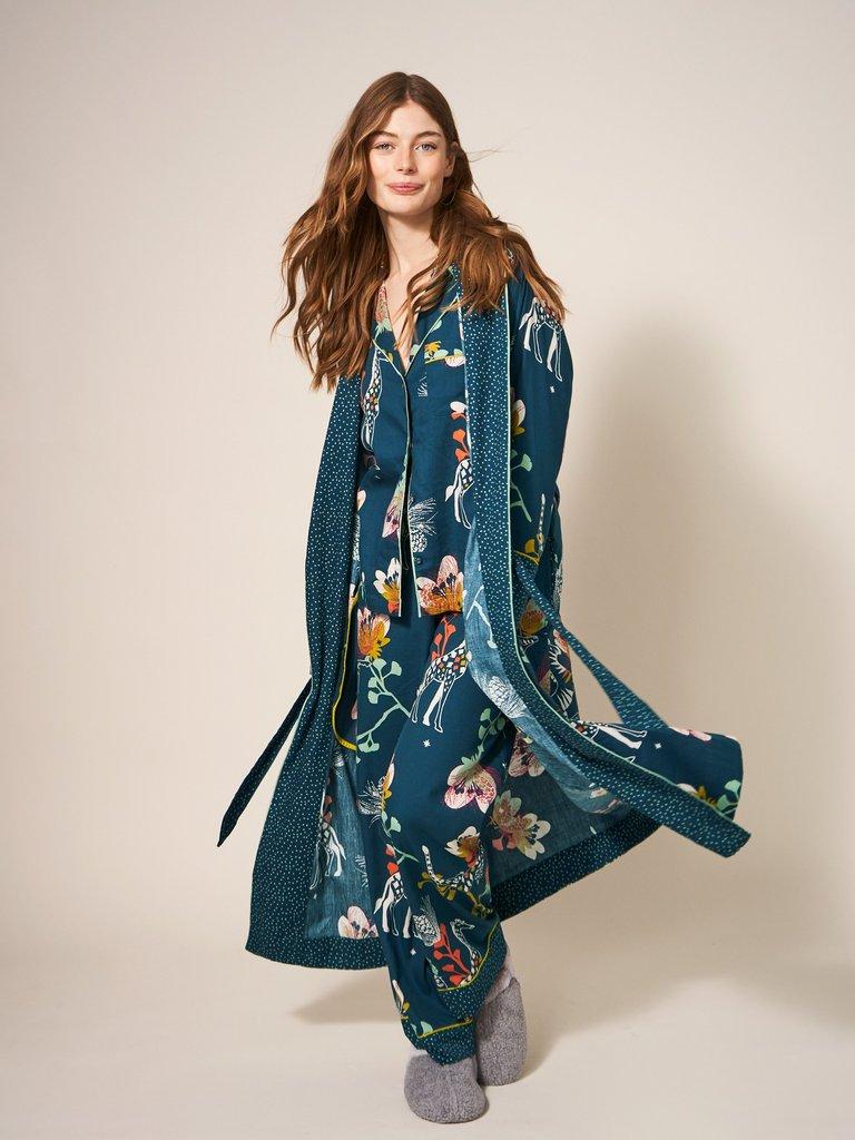 Nina Organic Long Sleeve Dressing Gown in TEAL PR - MODEL DETAIL